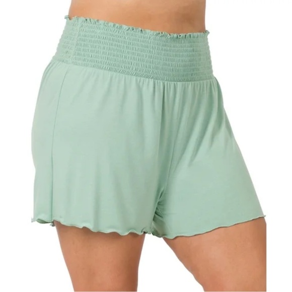 Zenana Pants - Zenana Smocked Waist Lightweight Shorts in Dusty Green